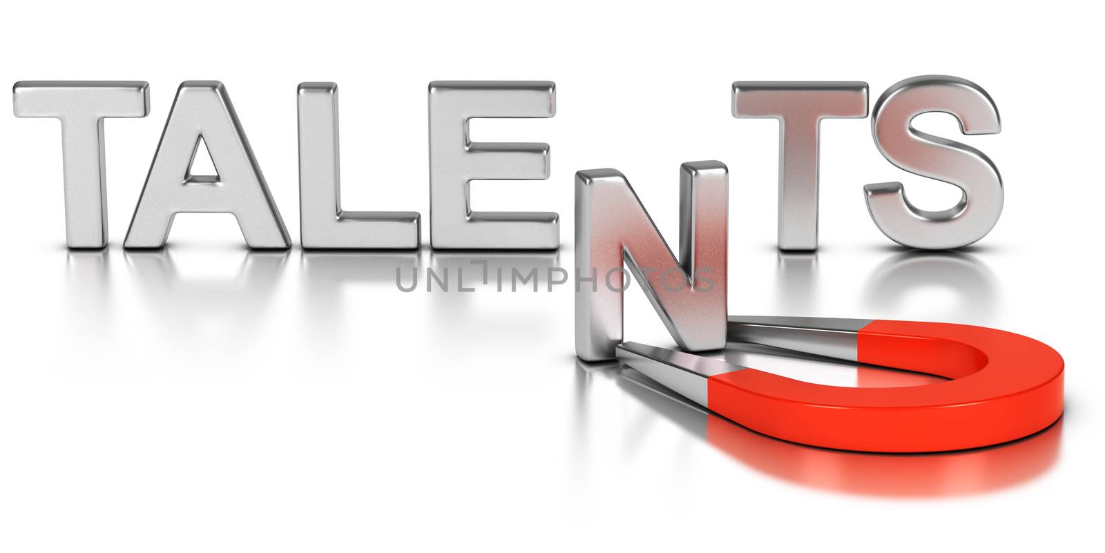 Talent acquisition illustration concept, letter N of the word talents attracted and retained by a magnet over white background