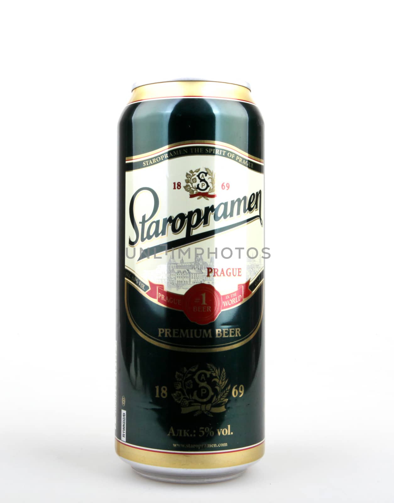 AYTOS, BULGARIA - MARCH 13, 2016: Staropramen isolated on white. Staropramen Brewery is the second largest brewery in the Czech Republic, and is situated in the Smíchov district of Prague.