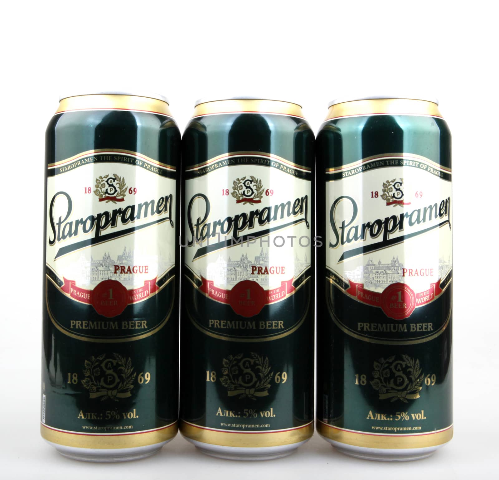 AYTOS, BULGARIA - MARCH 13, 2016: Staropramen isolated on white. Staropramen Brewery is the second largest brewery in the Czech Republic, and is situated in the Smíchov district of Prague.