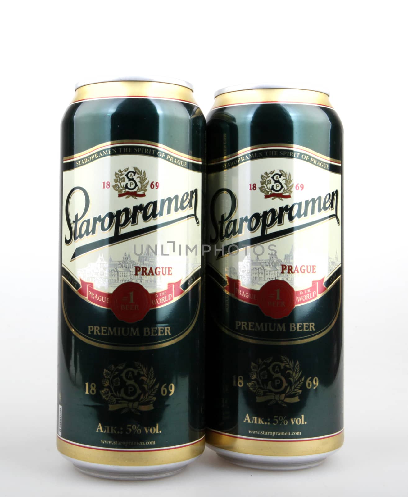 AYTOS, BULGARIA - MARCH 13, 2016: Staropramen isolated on white. Staropramen Brewery is the second largest brewery in the Czech Republic, and is situated in the Smíchov district of Prague. by nenov