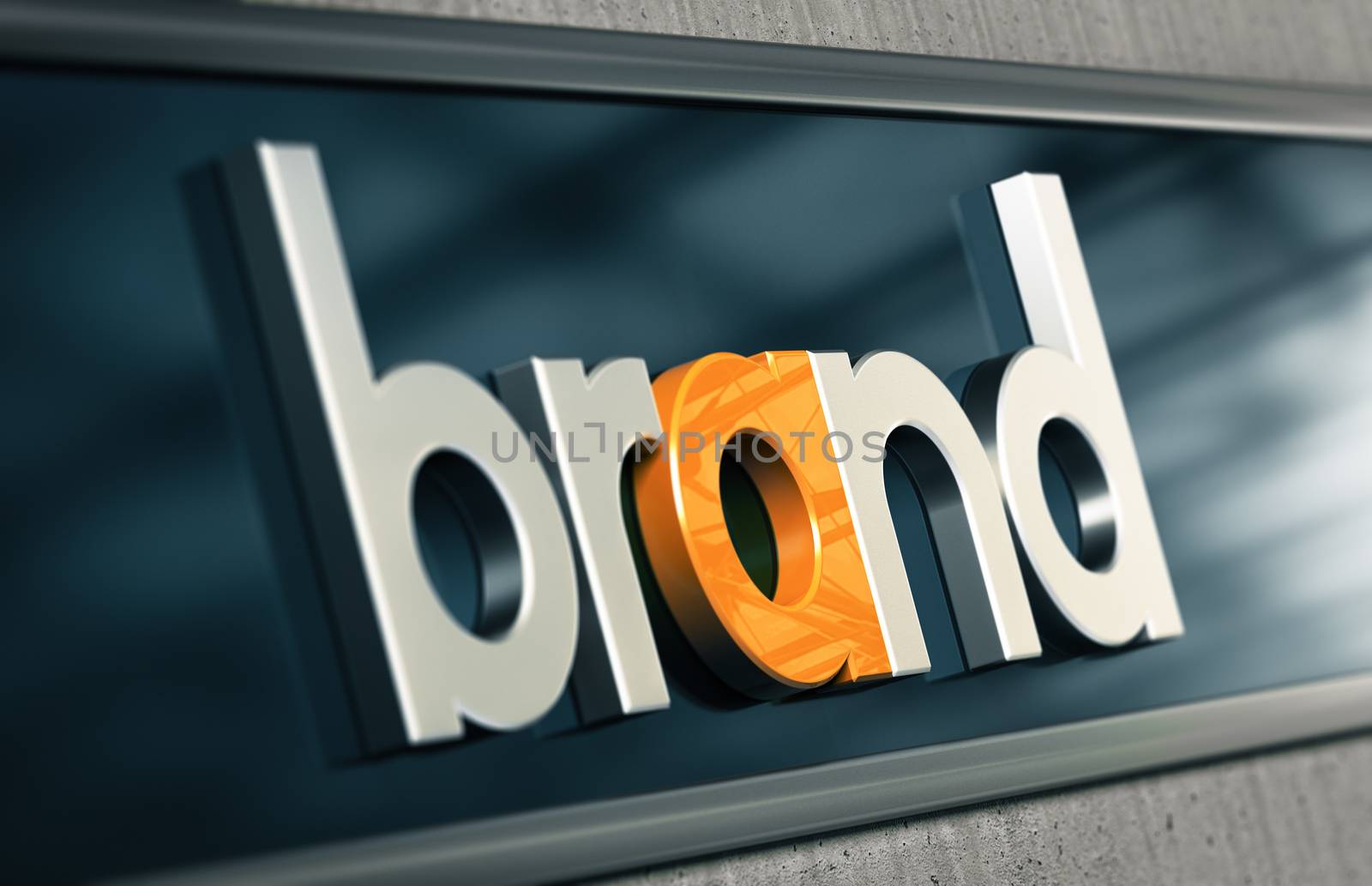 Branding concept. Company brand name on a building facade with blur effect