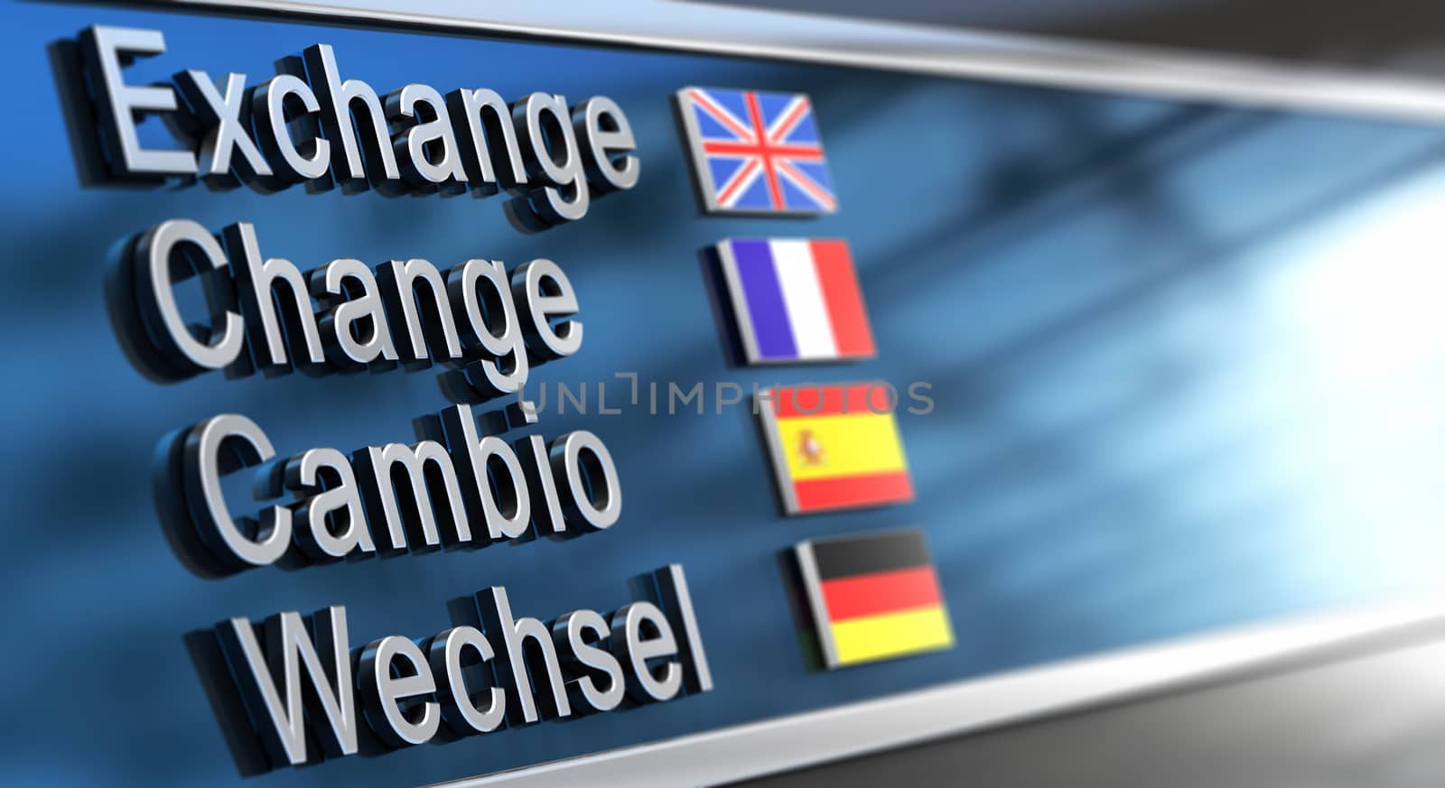 Cambio, Change, Exchange and Wechsel written on a building facade. Concept of currencies exchanges