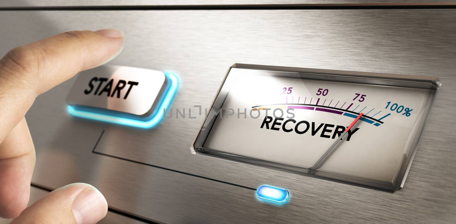 Finger about to press a start button with a dial where it is written the word recovery. Concept image for illustration of crisis or disaster recovery plan.