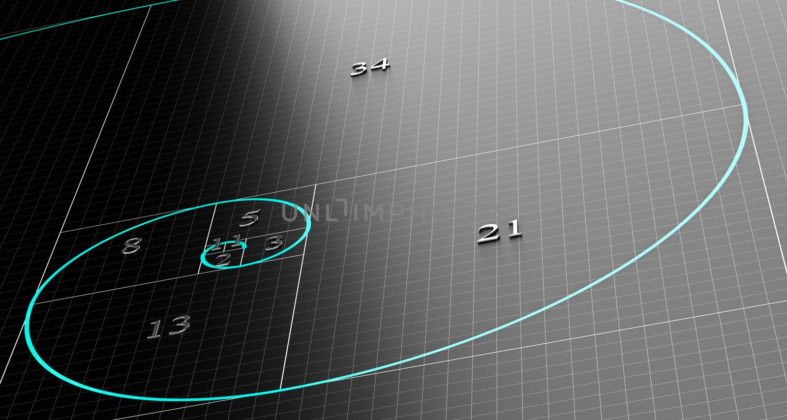 Fibonacci spiral over 3d black background with grid. Science or mathematics concept illustration.