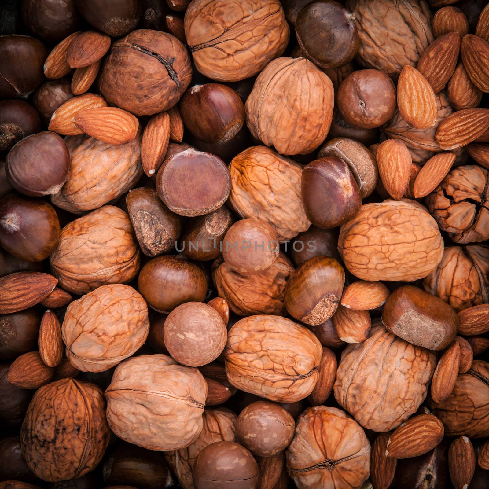 Background from different kinds of nuts in shells ,cashew, almond, walnut, hazelnut, pistachio, hazelnuts, pecan and  macadamia.