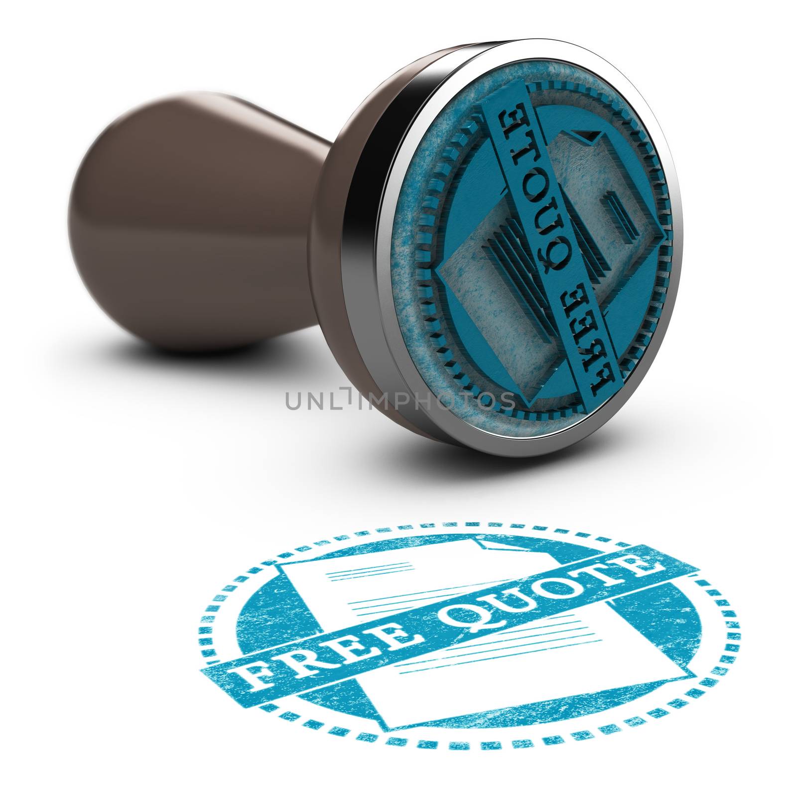 Rubber stamp over white background with the text free quote printed on it. Concept image for illustration of free quotation or estimate. Blue and brown tones.