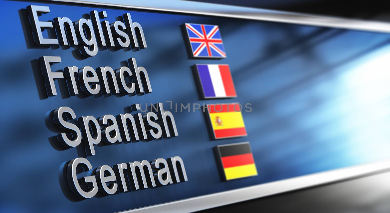 English, French, Spanish and German written on a building facade. Image for illustation of language school