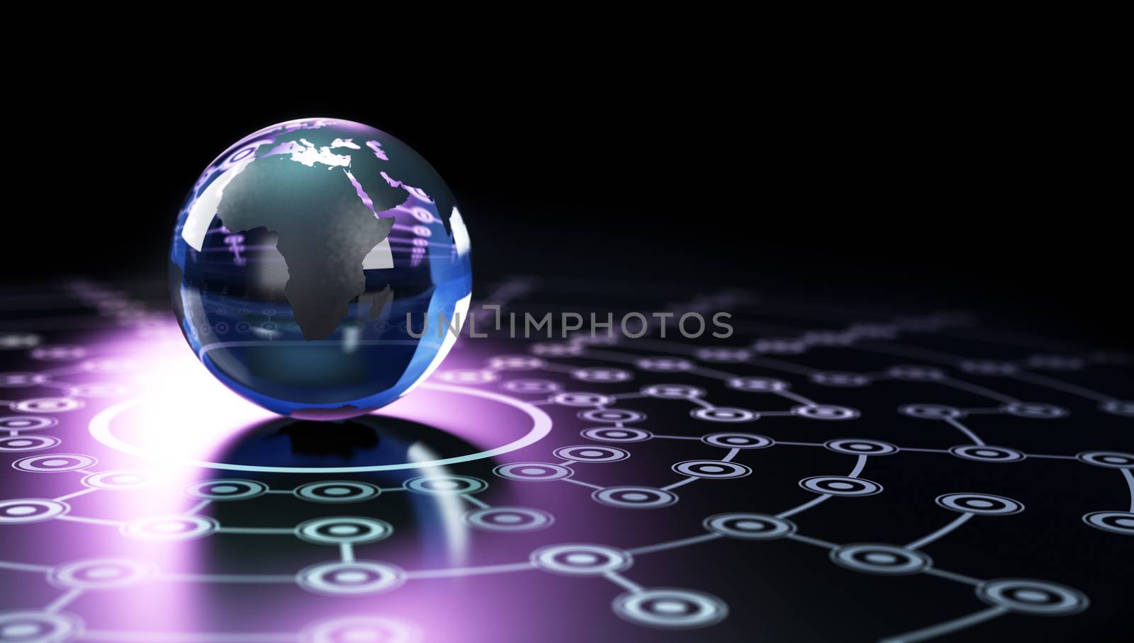 World sphere made in glass over a network with blur effect. Image is blue and purple toned and over black background