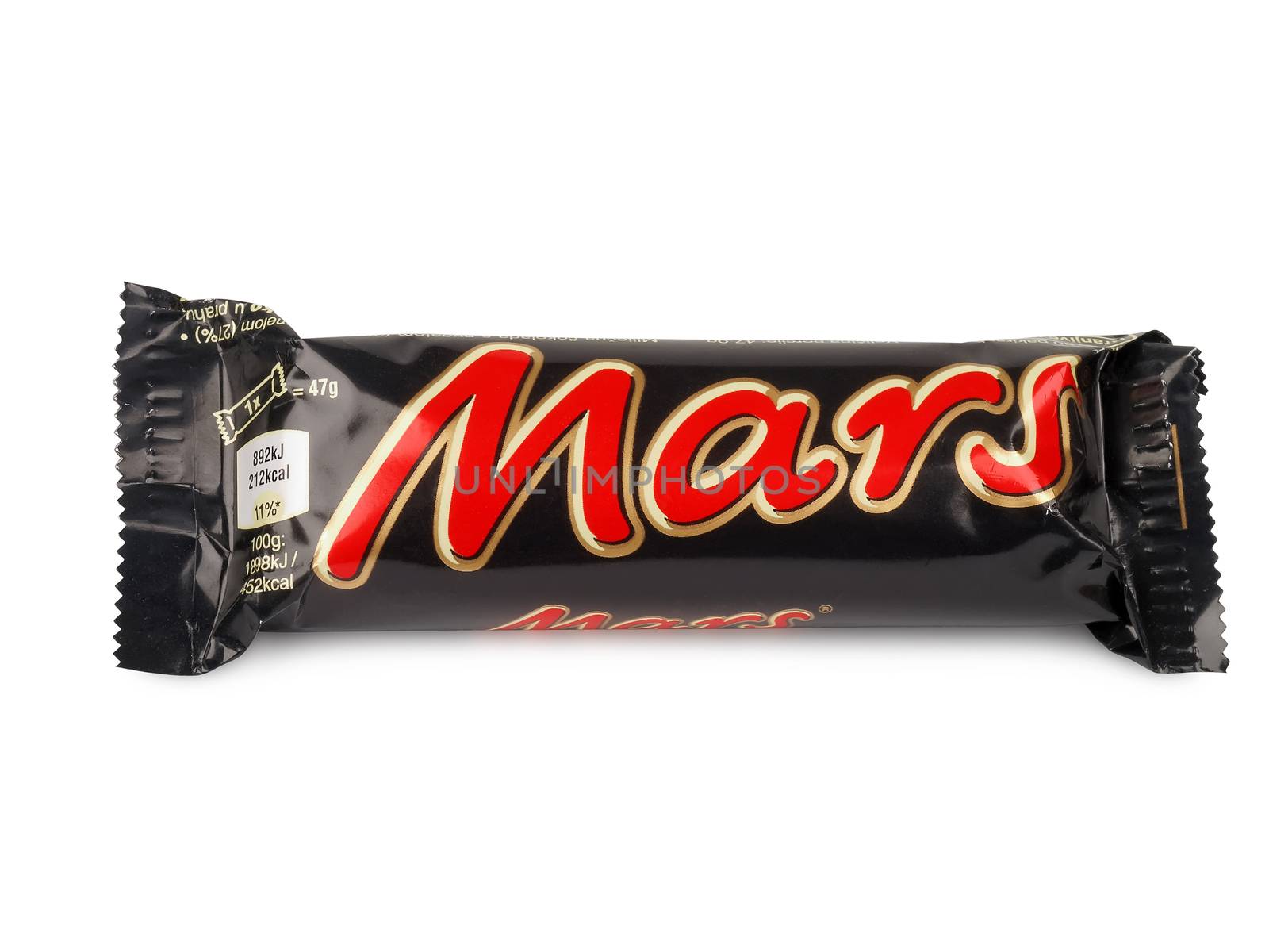 PULA, CROATIA - MARCH 13, 2016: Mars chocolate bar isolated on white background. Mars bars are produced by Mars Incorporated. The first Mars bar was produced in England in 1932