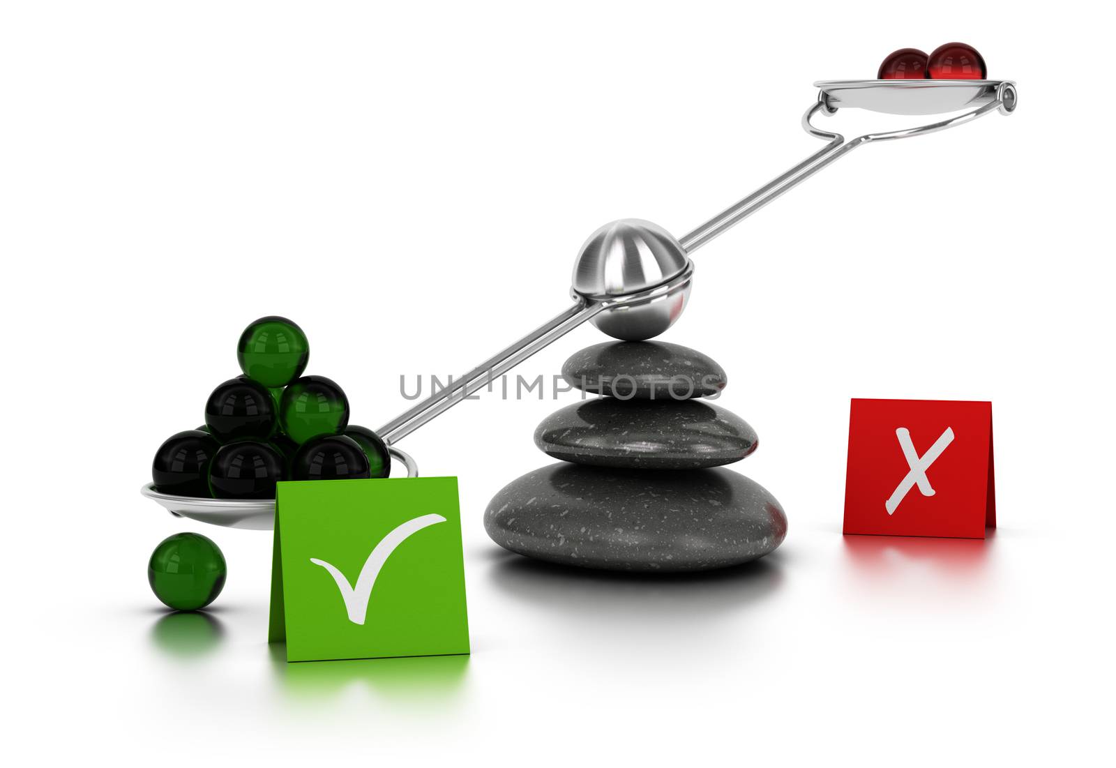 Green and red spheres on a seesaw with three black pebbles over white background. Concept image for illustration of for or against dilemma.