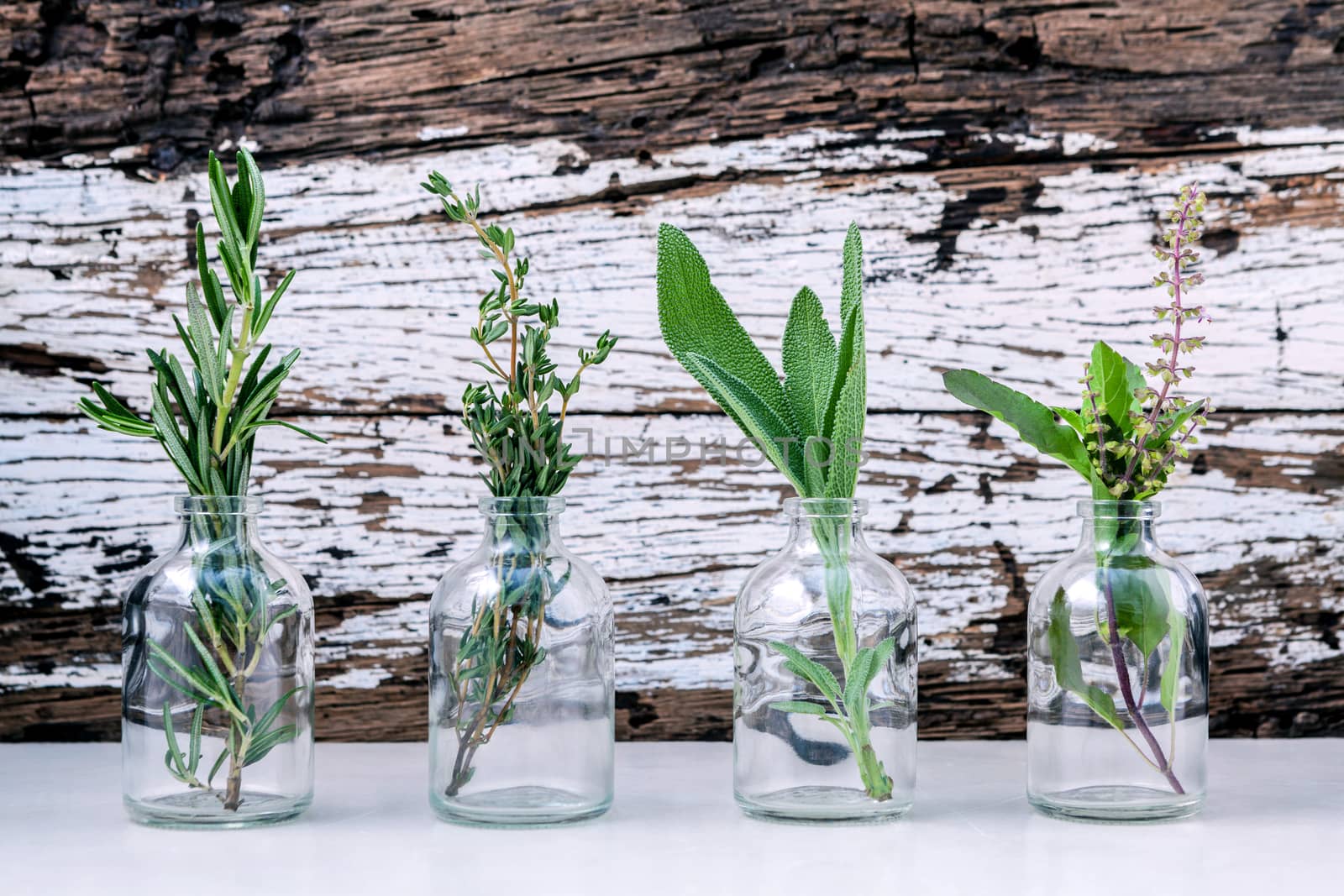 Bottle of essential oil with herbs rosemary, sage,holy basil and thyme  set up on old wooden background .