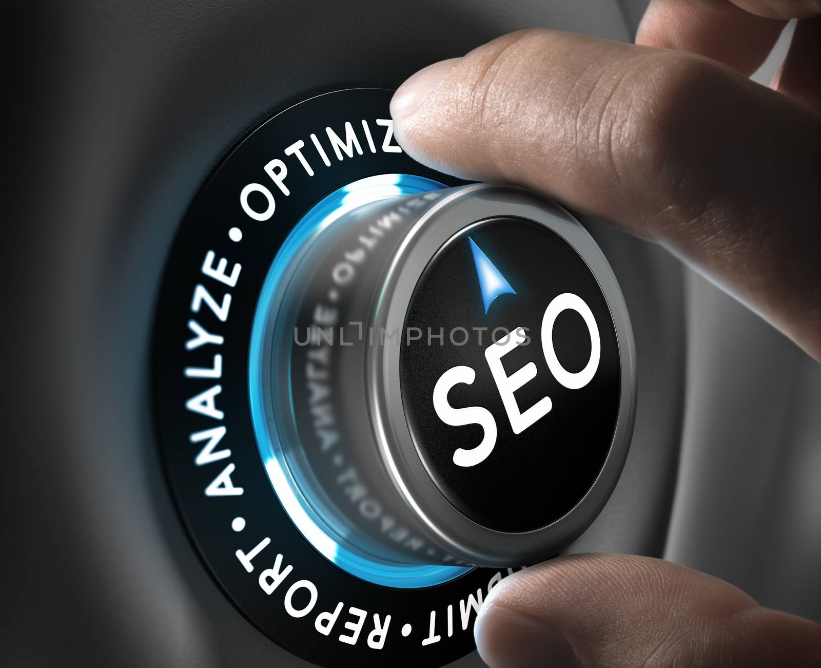 Man hand turning a knob in the optimize position. SEO process and planning concept.