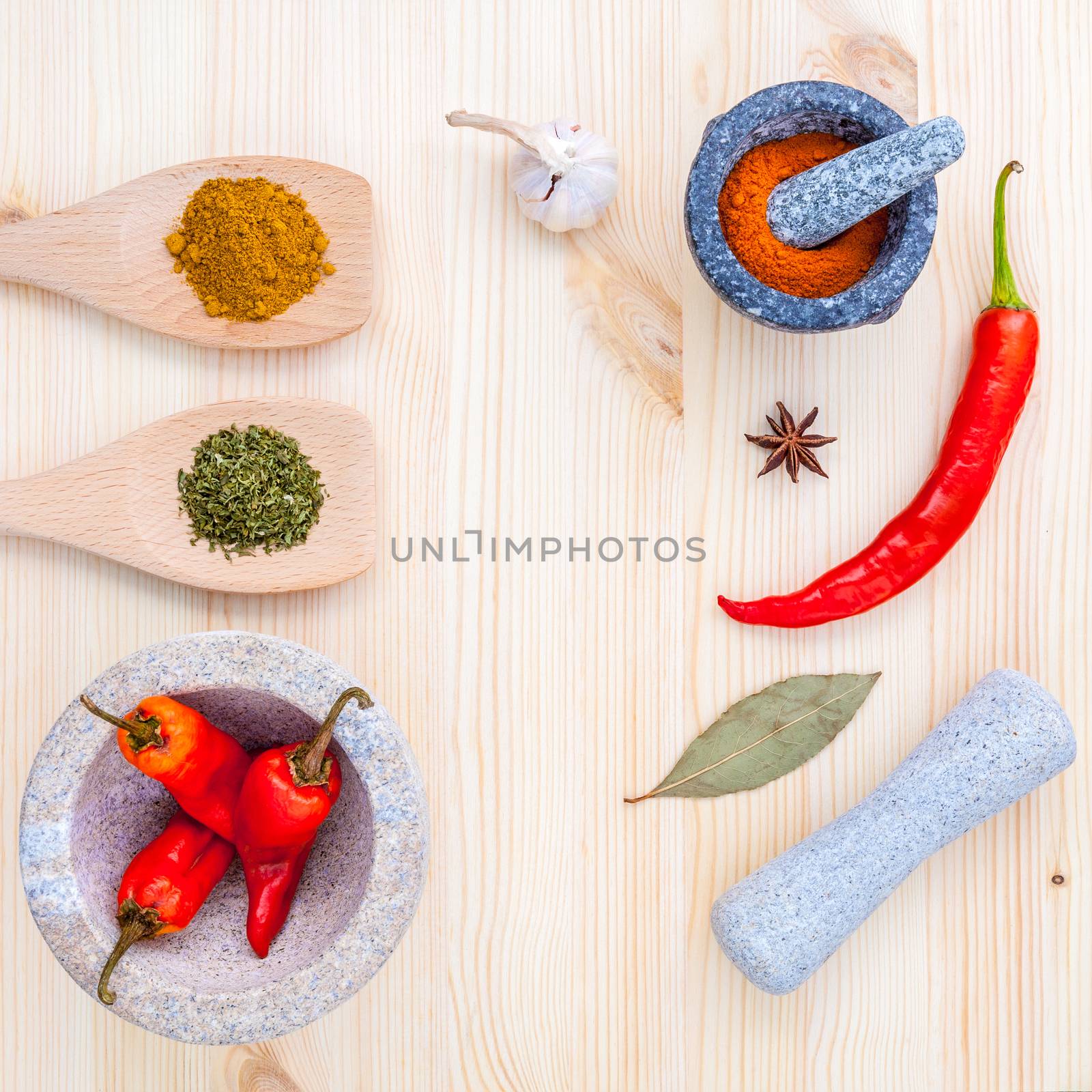 Food Cooking ingredients. Dried Spices herb bay leaves,turmeric, by kerdkanno