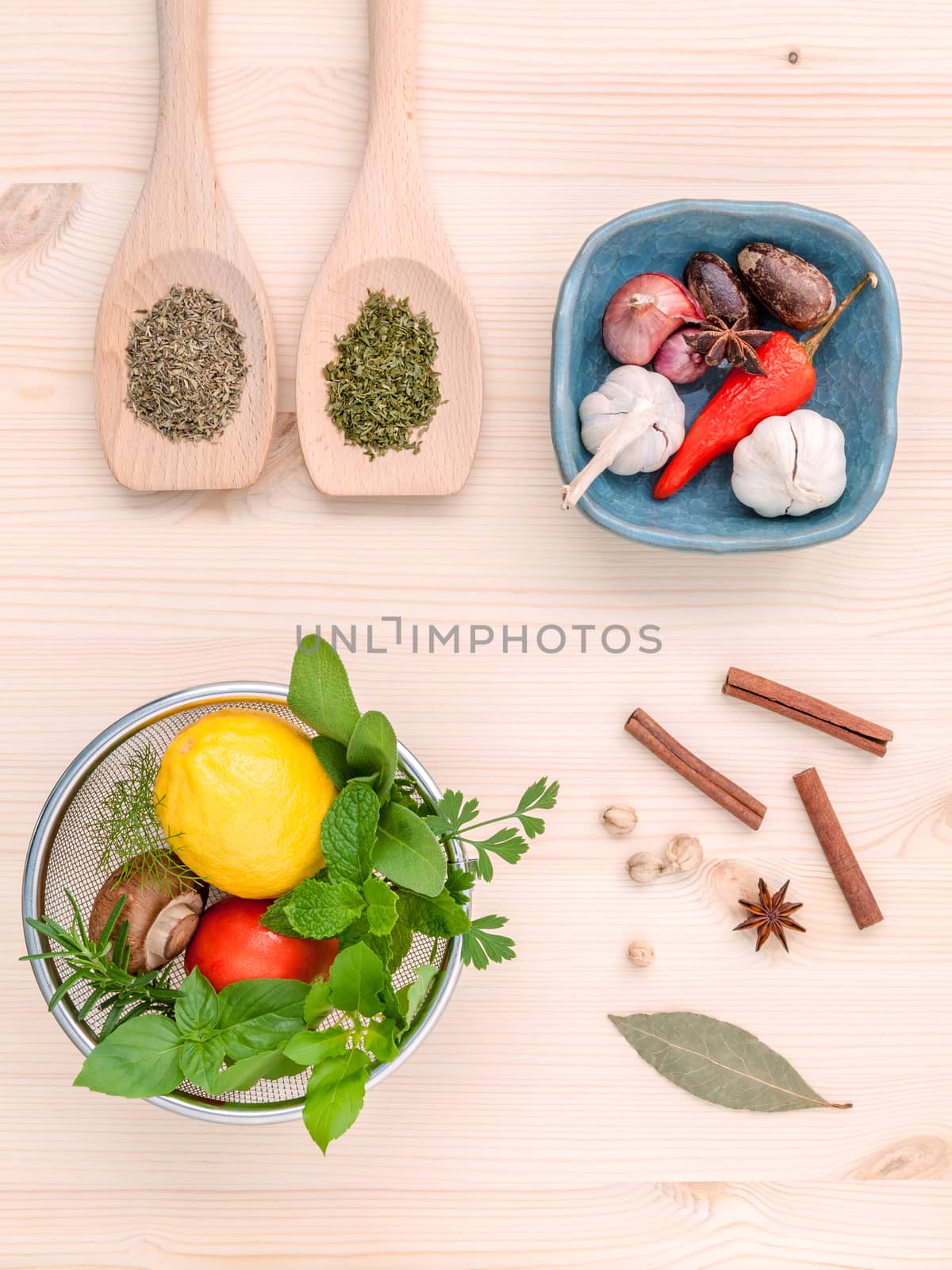 Fresh herbs and spices sage,rosemary,parsley,mint ,holy basil ,nutmeg,star anise ,cinnamon stick,oregano,thyme ,dill and chilli on wooden table. Top view with copy space.