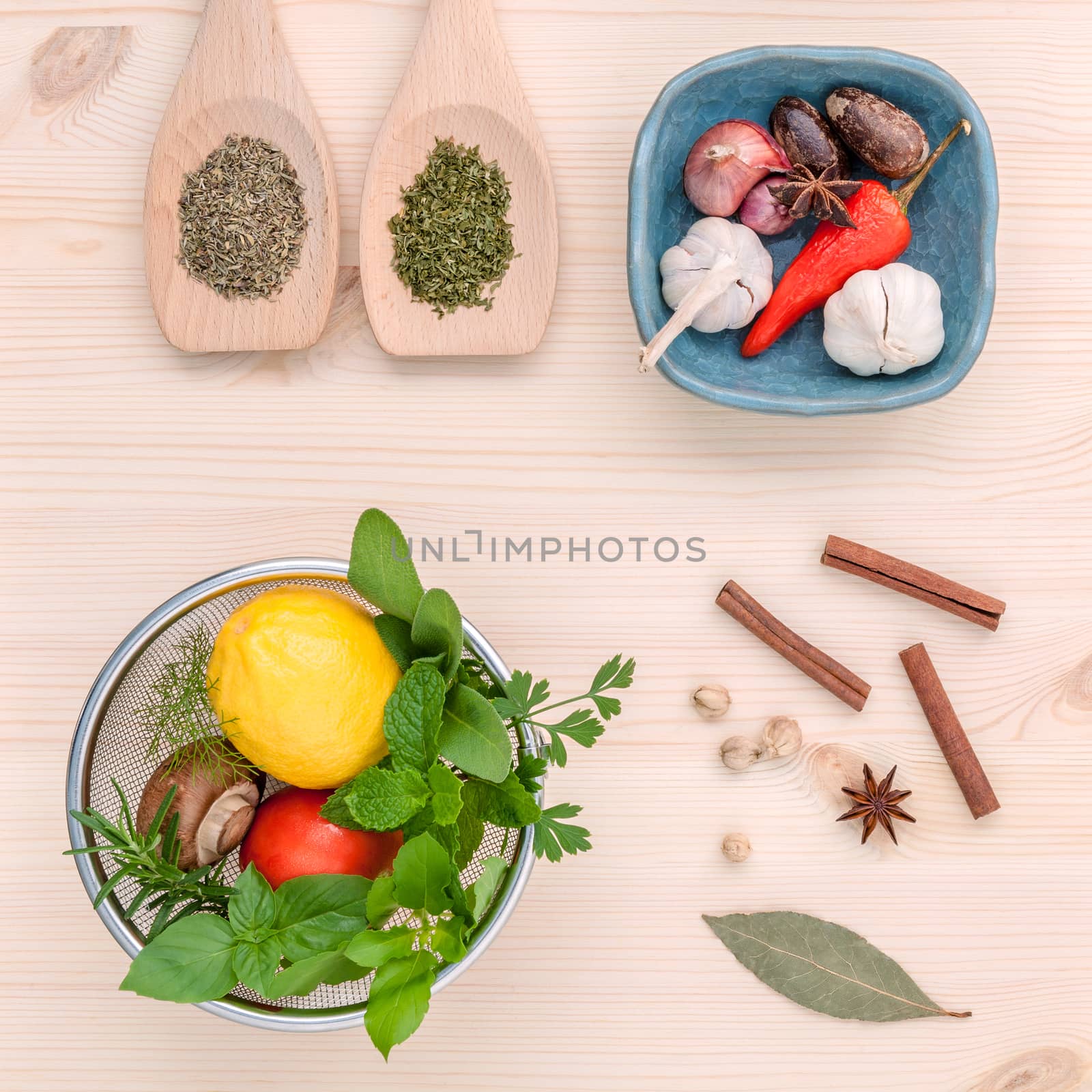 Fresh herbs and spices sage,rosemary,parsley,mint ,holy basil ,nutmeg,star anise ,cinnamon stick,oregano,thyme ,dill and chilli on wooden table. Top view with copy space.