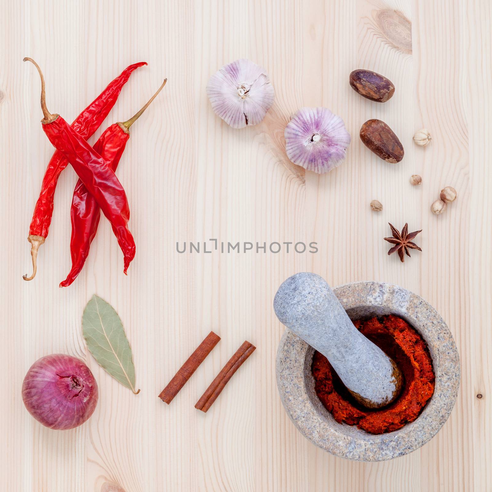Assortment of spices ingredients and paste of thai popular food  by kerdkanno