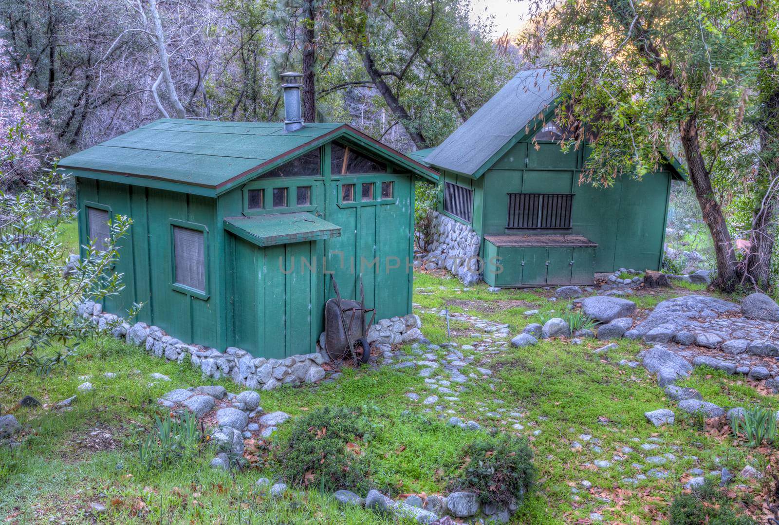 Weathered green cabin and shed at Chantry Flats in the Angeles National Forest.5