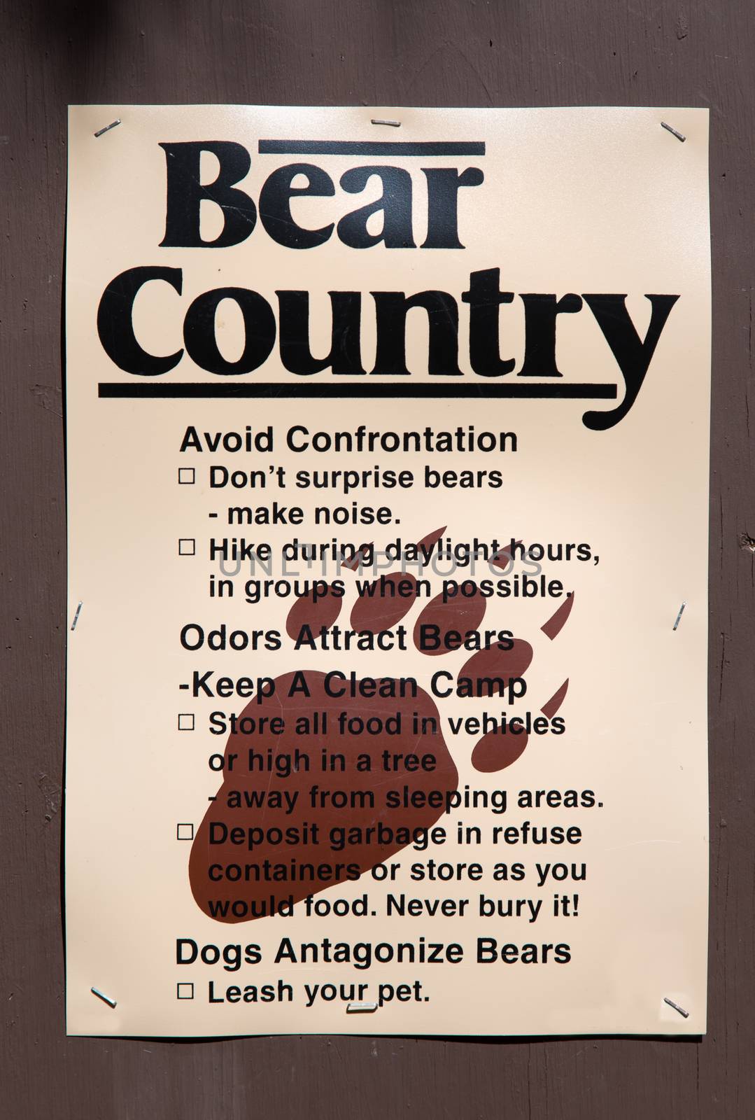 Sign in forest warns campers and hikers of bears.