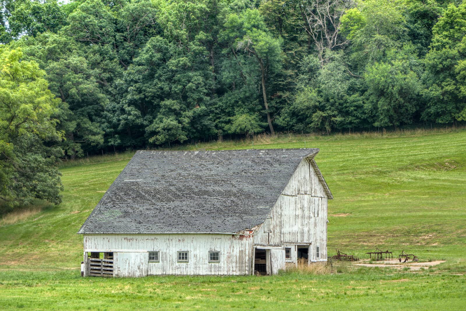 Weathered white barn with forest background in the American midwest.