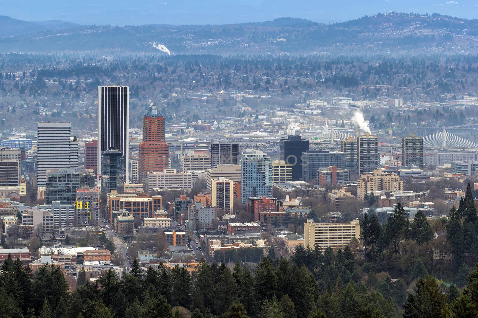 Portland Oregon Cityscape with Tilikum Crossing and Marquam Bridge