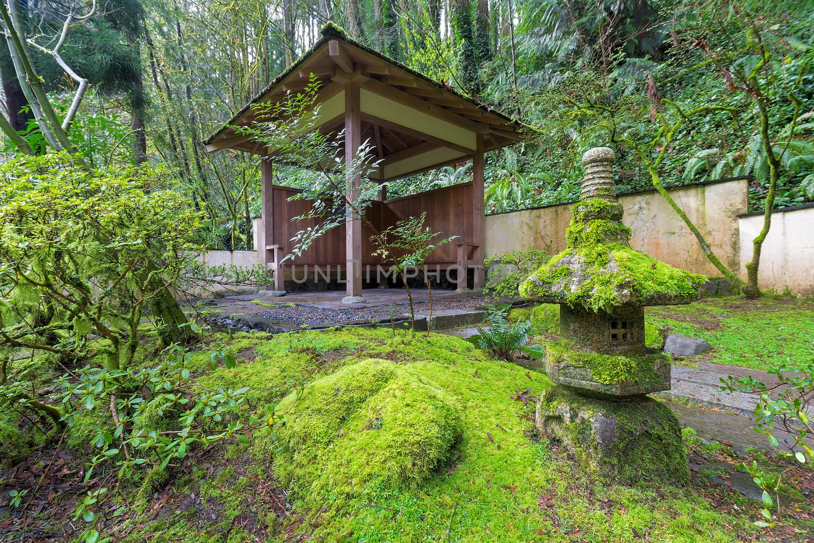 Wood Shelter by Stone Lantern covered in green moss at Japanese Garden during Spring Season