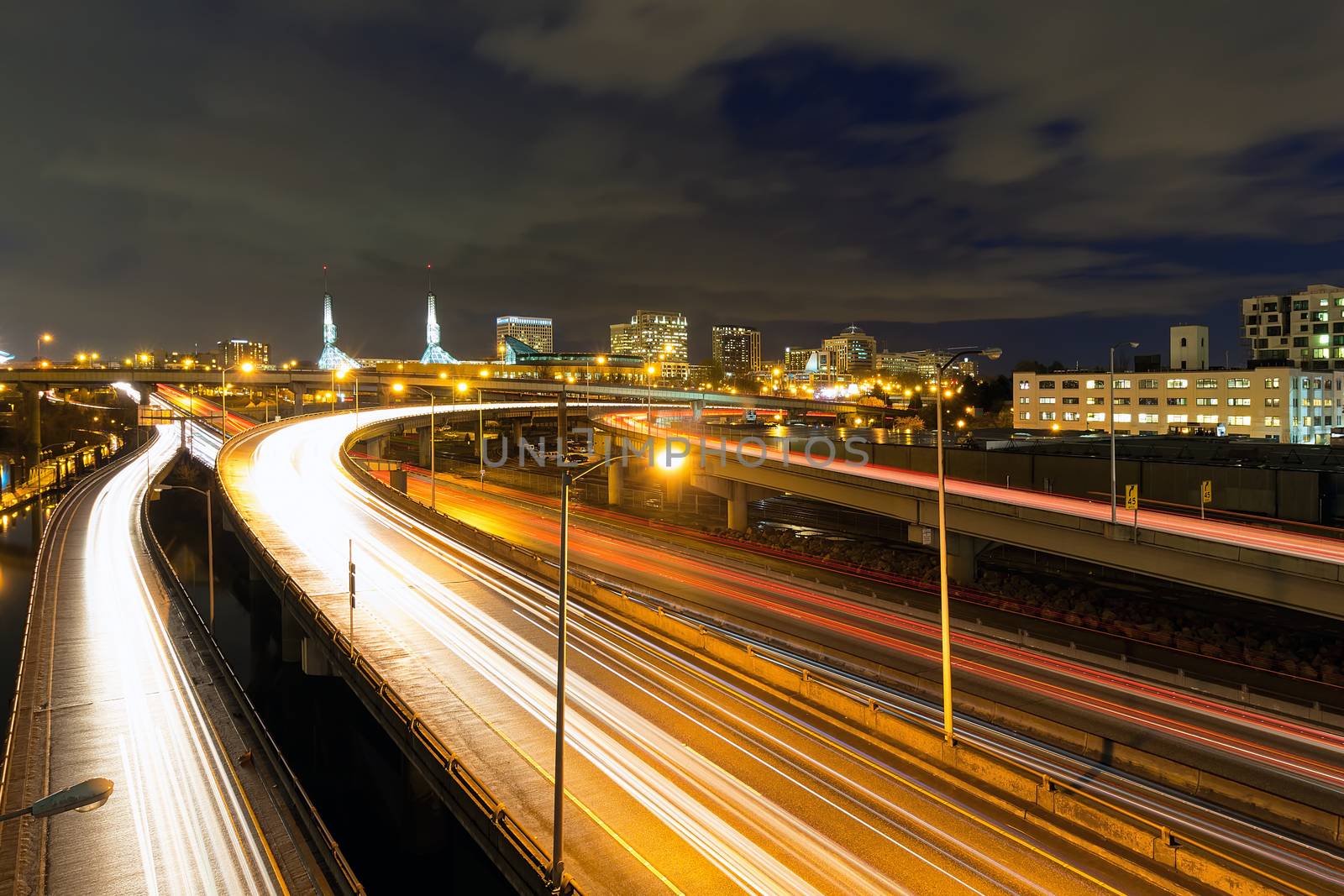 Interstate Freeway Light Trails and Northeast Portland Skyline at Night
