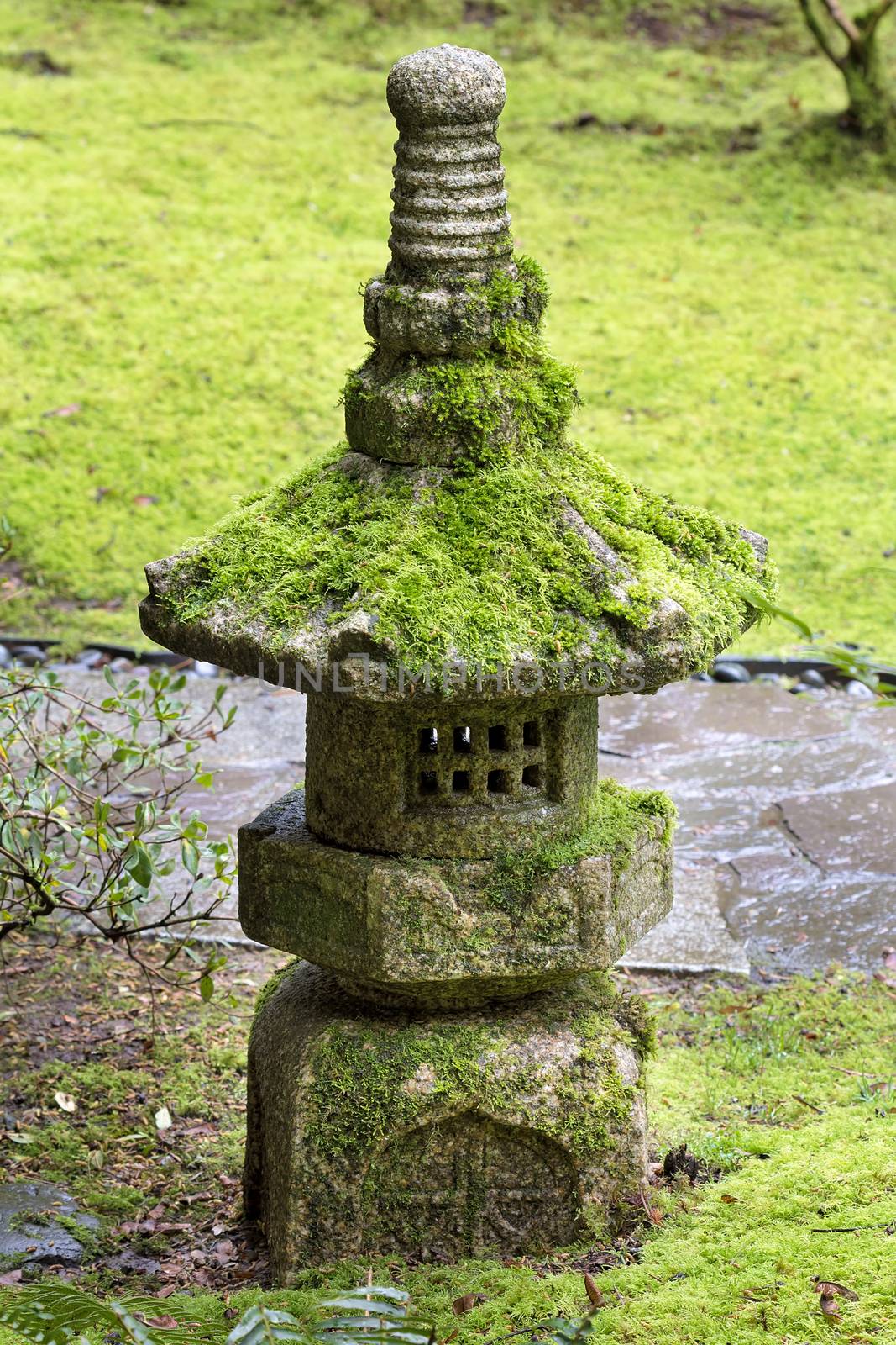 Old Stone Lantern covered in green moss at Japanese Garden