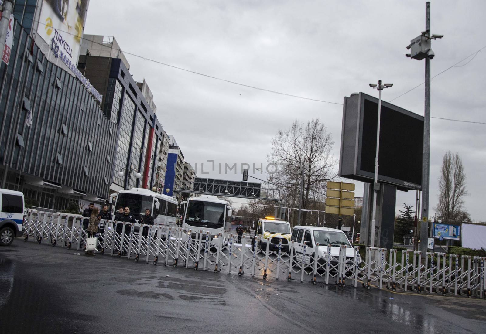 TURKEY, Ankara:  Major road in Guven Park is closed in the Kizilay district, a key transport hub of the Turkish capital city Ankara on March 14, 2016, one day after a car bomb exploded in Ankara  killing at least 32 people and wounding more than 100, according to the health ministry. On February 2016, a bomb attack claimed by a Kurdish militant group on a military convoy in Ankara killed 28 people and wounded dozens more. On October 2015, more than 100 people were killed in a double-suicide bombing at a Kurdish peace rally in Ankara. 