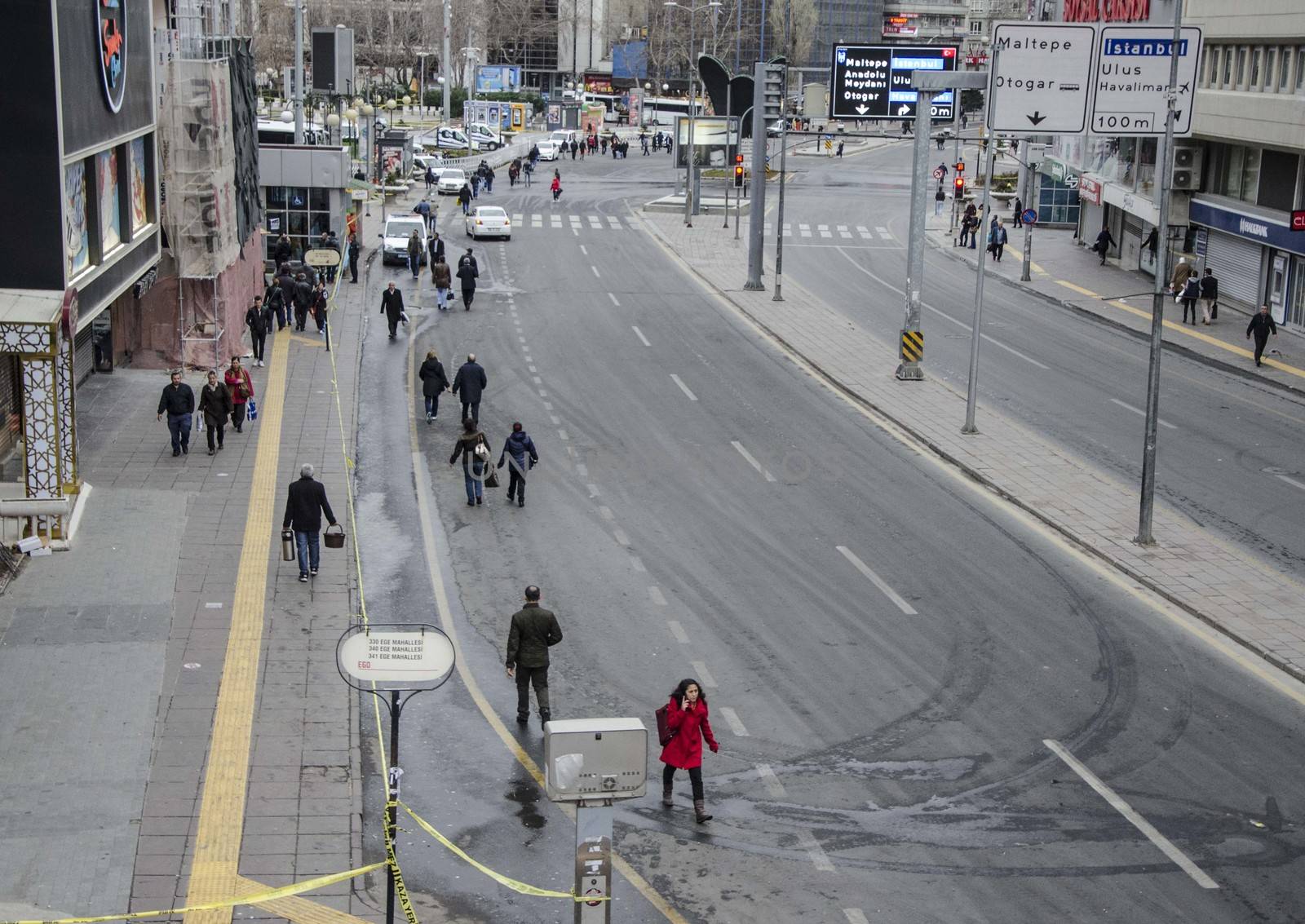 TURKEY, Ankara:  A picture is taken of Guven Park area in the Kizilay district, a key transport hub of the Turkish capital city Ankara on March 14, 2016, one day after a car bomb exploded in Ankara  killing at least 32 people and wounding more than 100, according to the health ministry. On February 2016, a bomb attack claimed by a Kurdish militant group on a military convoy in Ankara killed 28 people and wounded dozens more. On October 2015, more than 100 people were killed in a double-suicide bombing at a Kurdish peace rally in Ankara. 