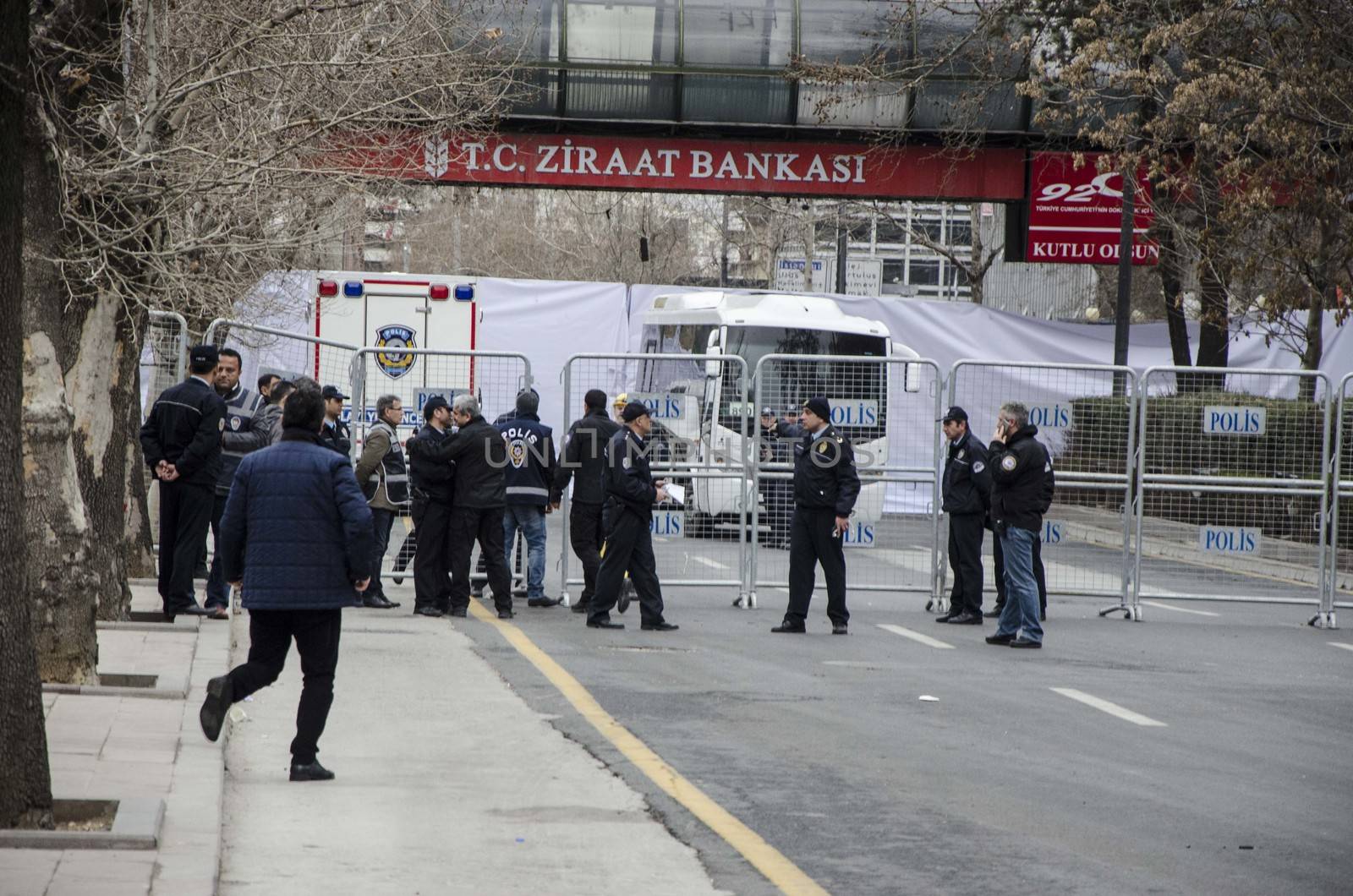 TURKEY, Ankara: Turkish policemen conduct searches in Guven Park area in the Kizilay district, a key transport hub of the Turkish capital city Ankara on March 14, 2016, one day after a car bomb exploded in Ankara  killing at least 32 people and wounding more than 100, according to the health ministry. On February 2016, a bomb attack claimed by a Kurdish militant group on a military convoy in Ankara killed 28 people and wounded dozens more. On October 2015, more than 100 people were killed in a double-suicide bombing at a Kurdish peace rally in Ankara. 