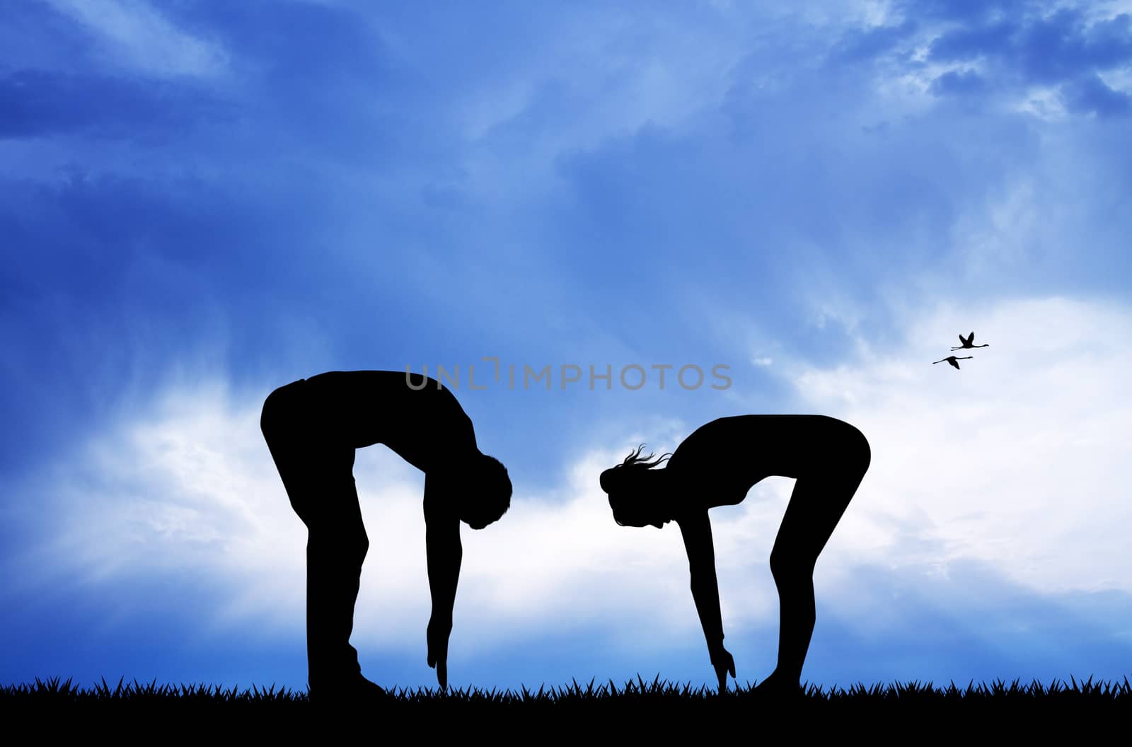 illustration of couple doing exercises at dawn