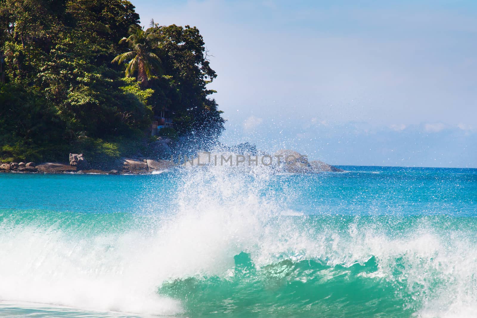 Bright tourist image with turquoise Andaman splash sea storm