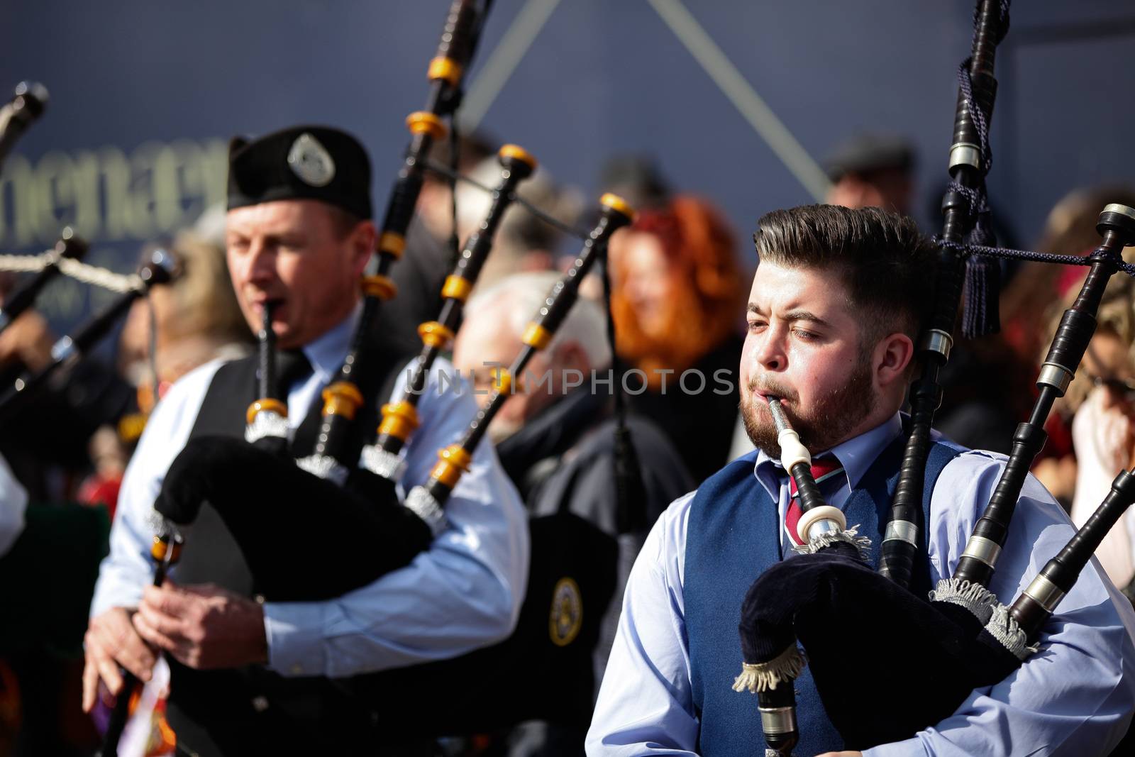 UNITED KINGDOM, London: Bagpipe players are pictured during St Patrick's Day parade near Trafalgar Square in London on March 13, 2016.