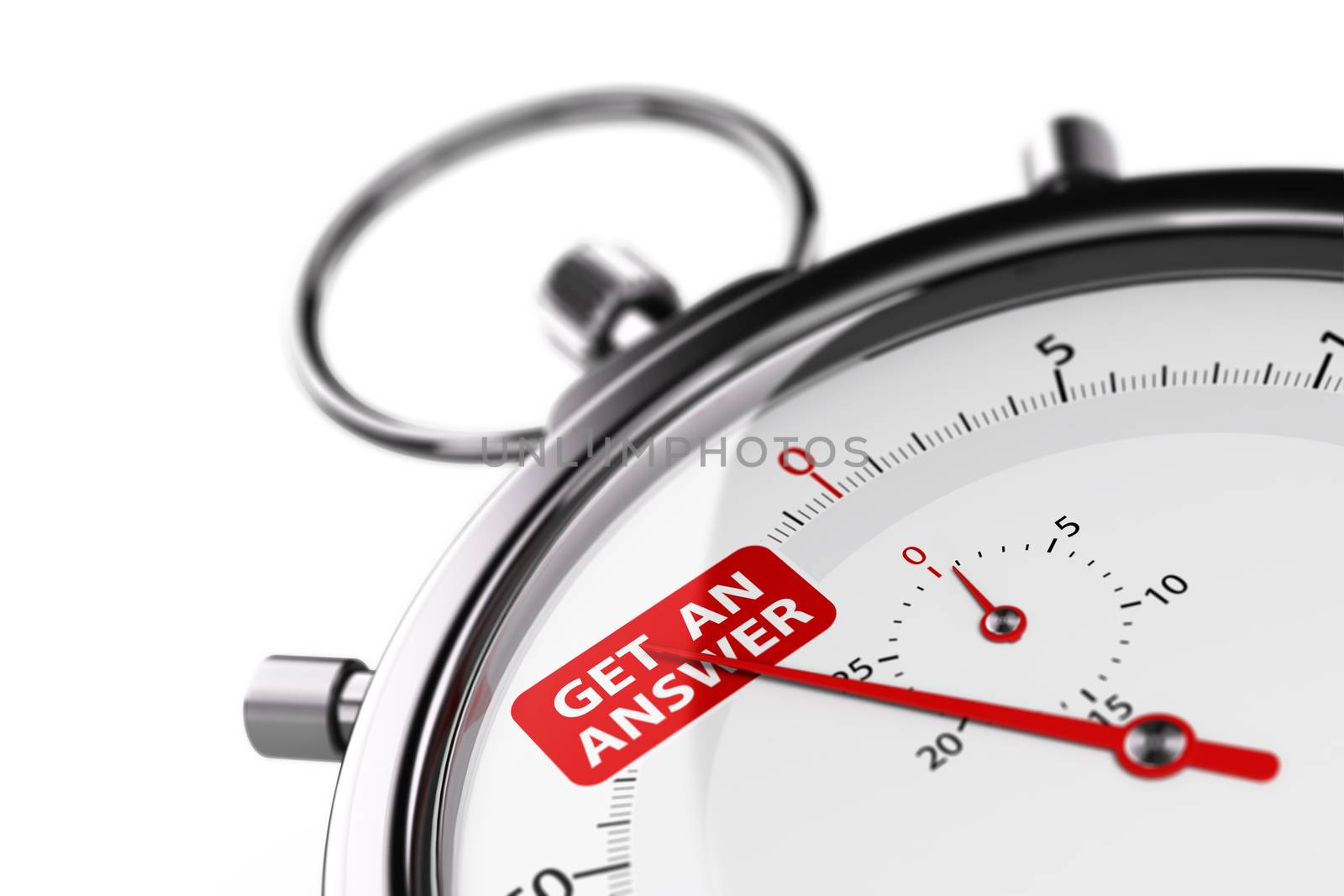 Stopwatch over white background with the text get an answer. 3D image for illustration of effective customer service.