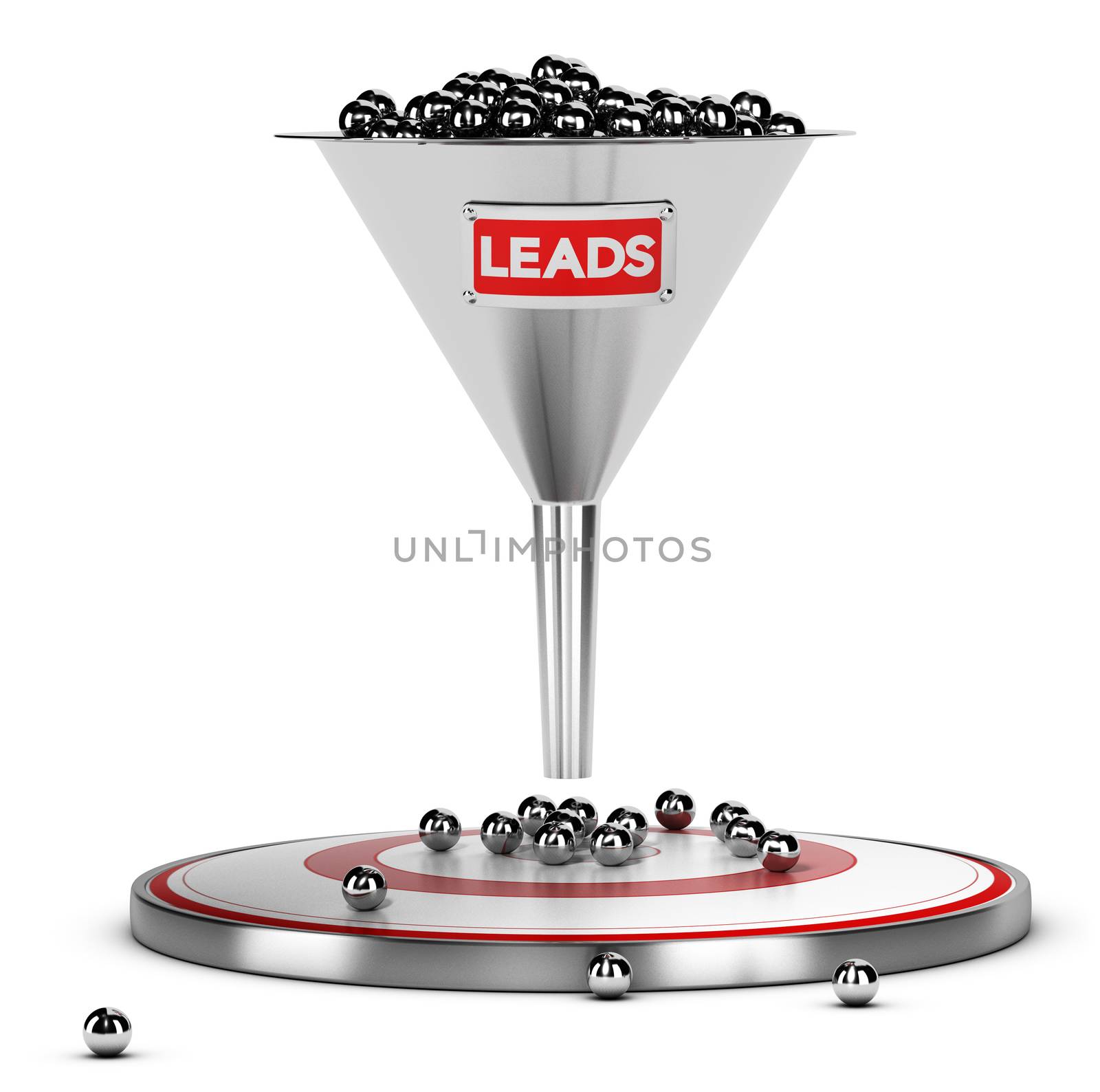 funnel with many metallic spheres and one target over white background. Illustration concept of sales lead nurturing
