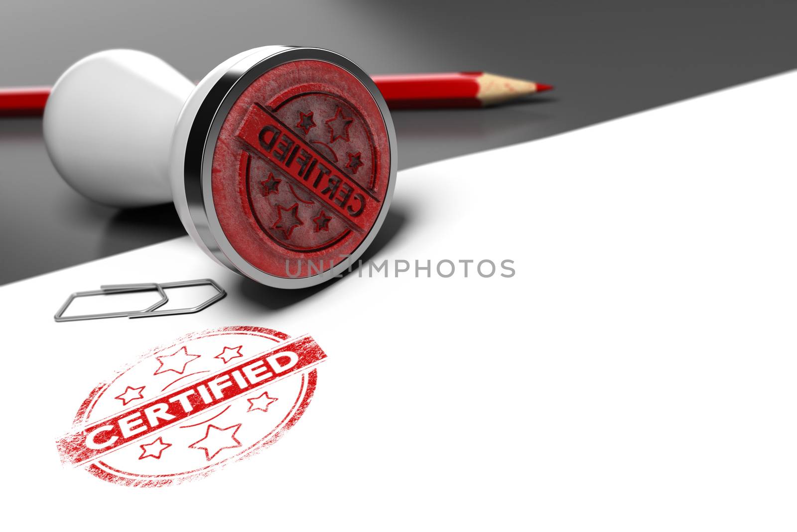 Rubber stamp over grey and white background with the text certified printed on it. Concept image for illustration of certification or guarantee certificate.