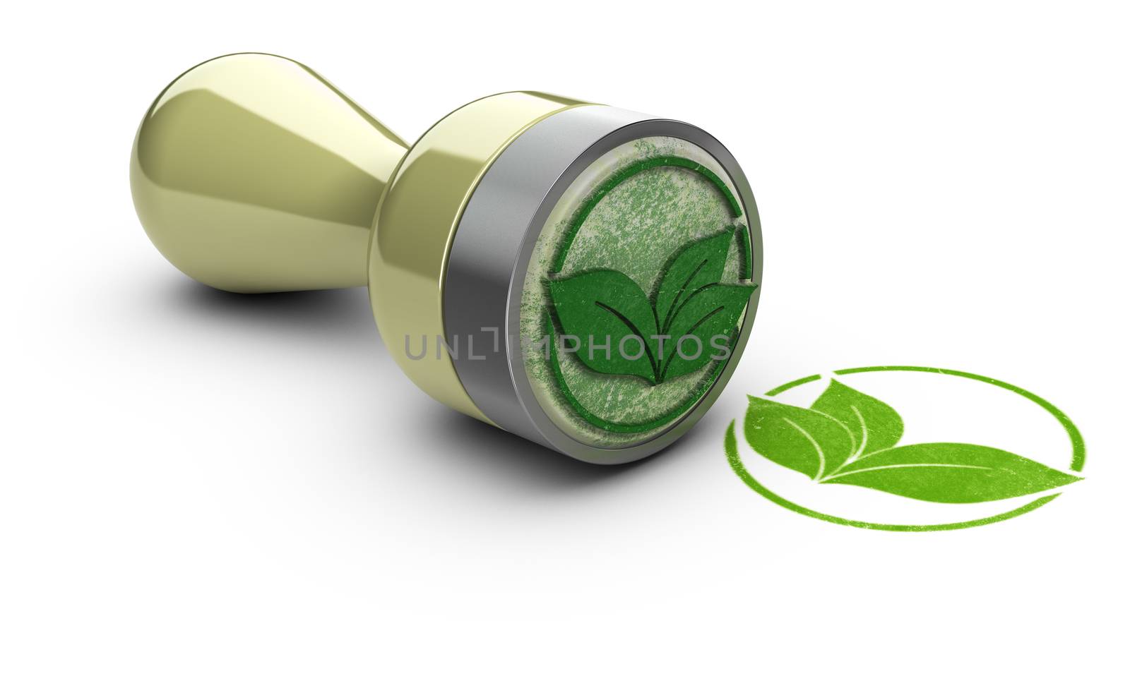 Rubber stamp over white background with leaves symbol printed on it. Concept image for eco friendly communication.