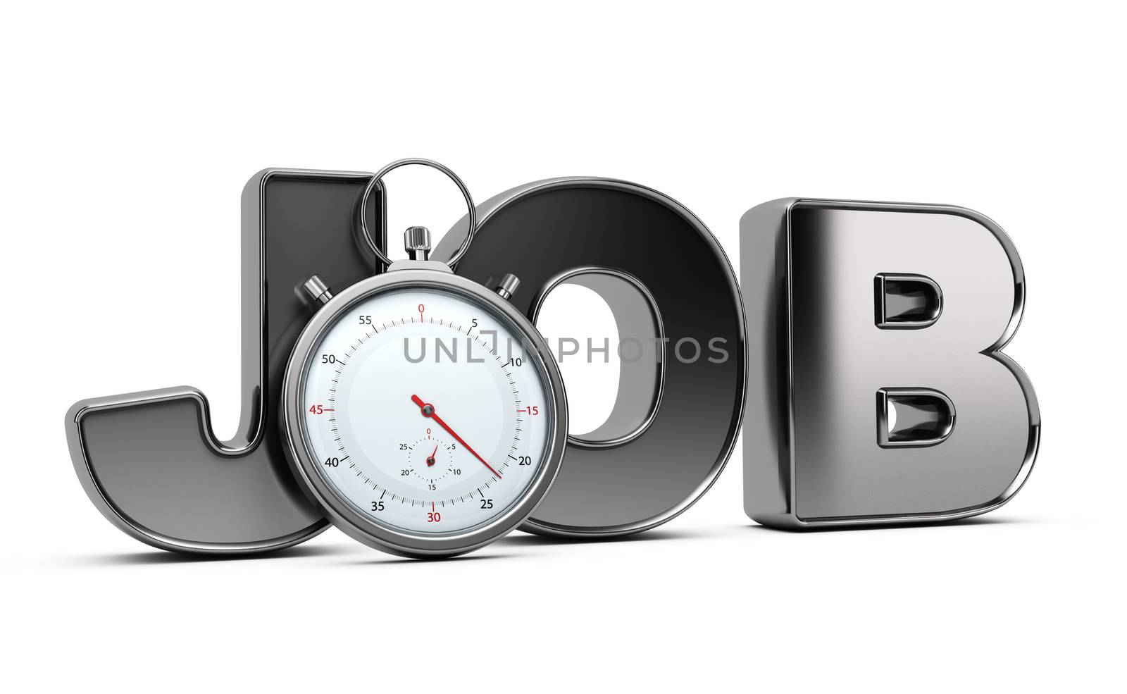 Word job with stopwatch over white background, 3D illustration of speed interviewing.