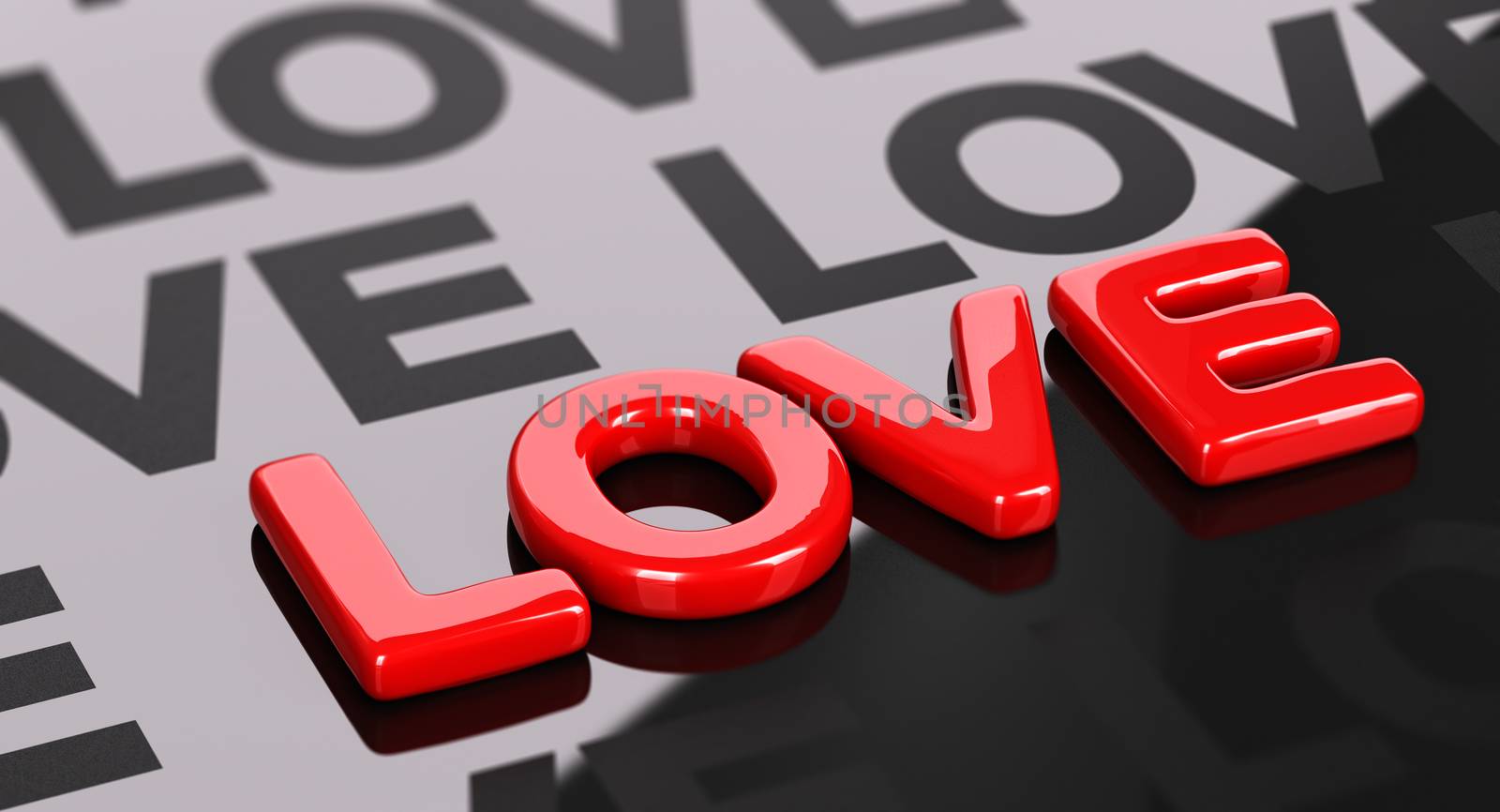 Word love over glossy black background, 3D render for Valentine day card, horizontal image.
