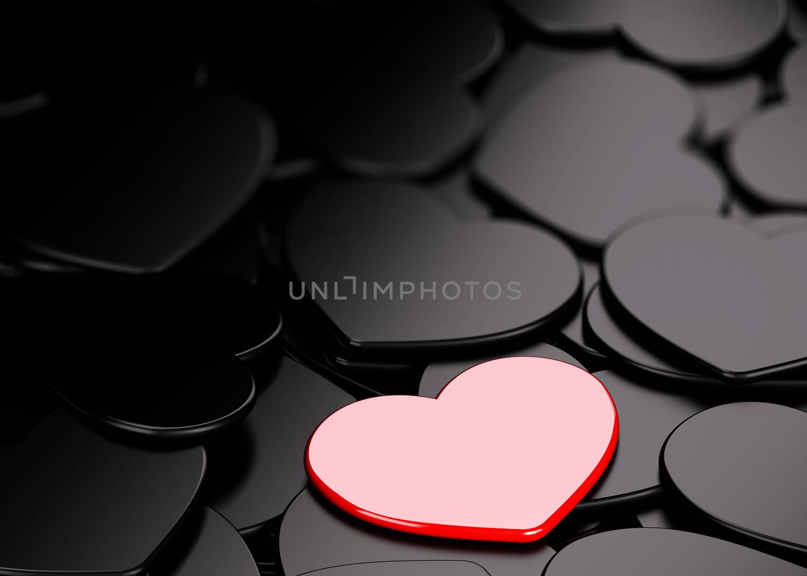 One glossy red heart over black hearts background, horizontal image.