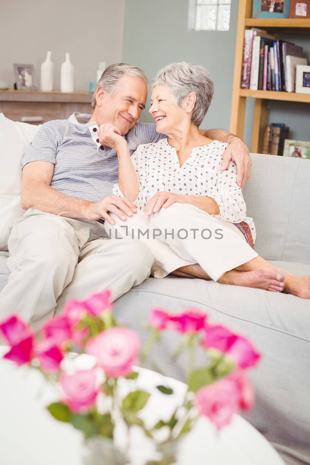 Happy romantic senior couple on sofa at home