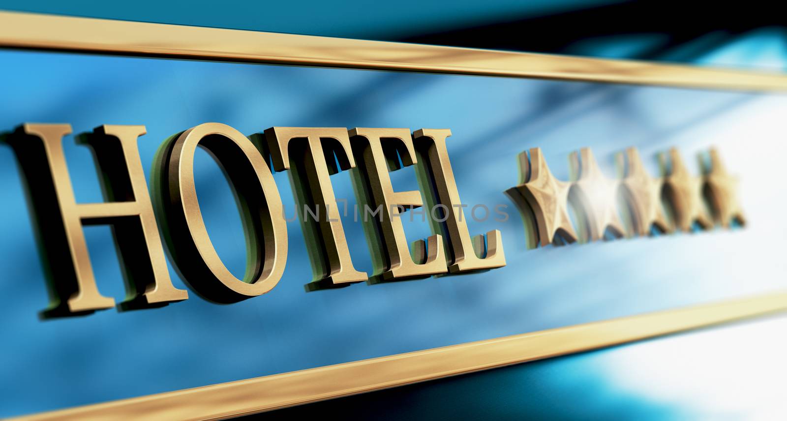 Five stars hotel sign written with golden letters over blue background. Horizontal image suitagle for header