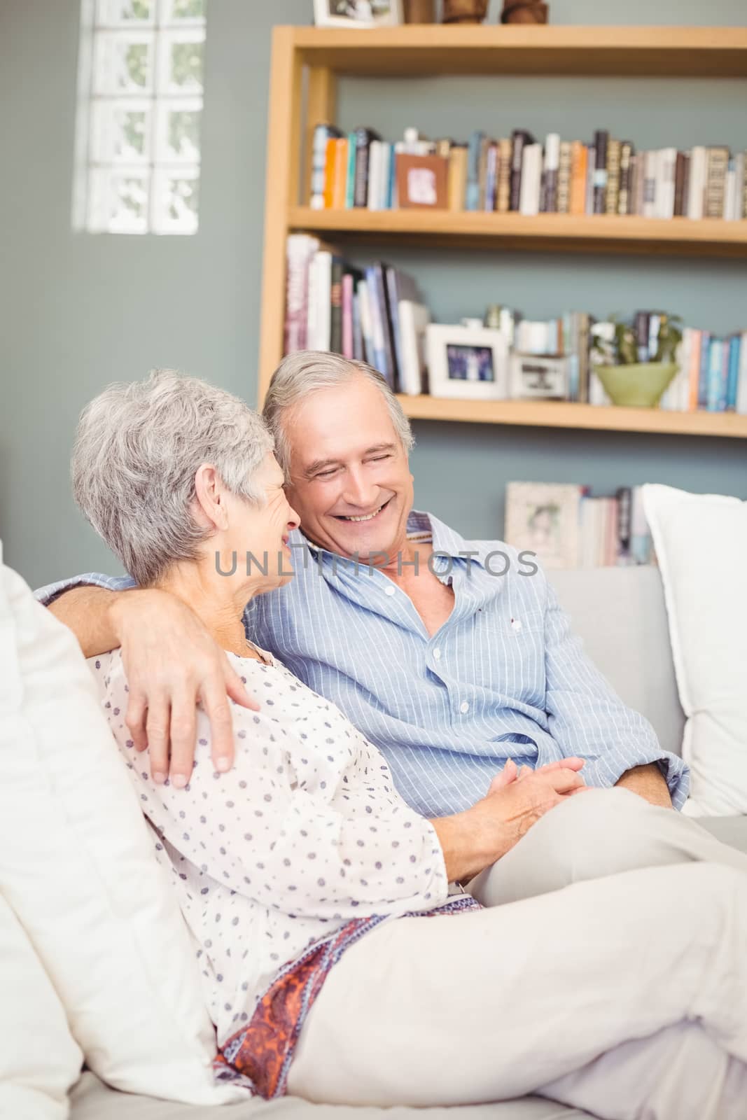 Happy romantic senior couple sitting on sofa at home