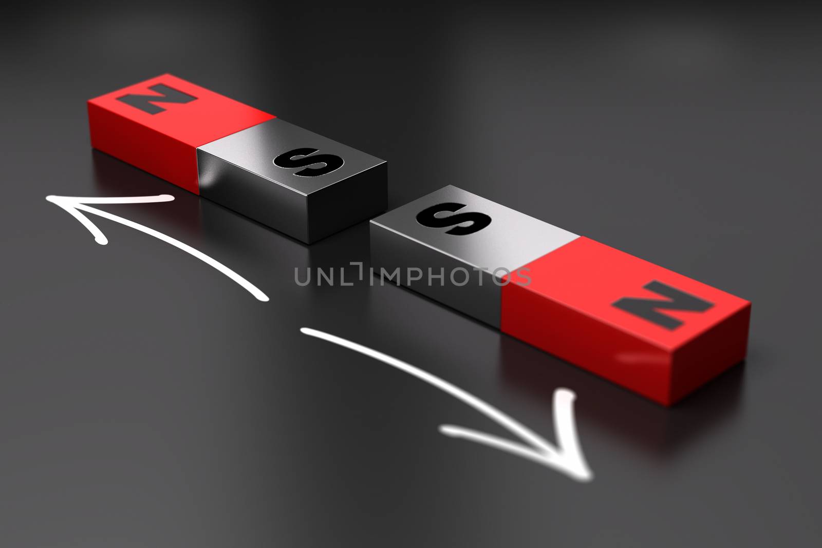Two dipoles magnets repels eatch other. Black background
