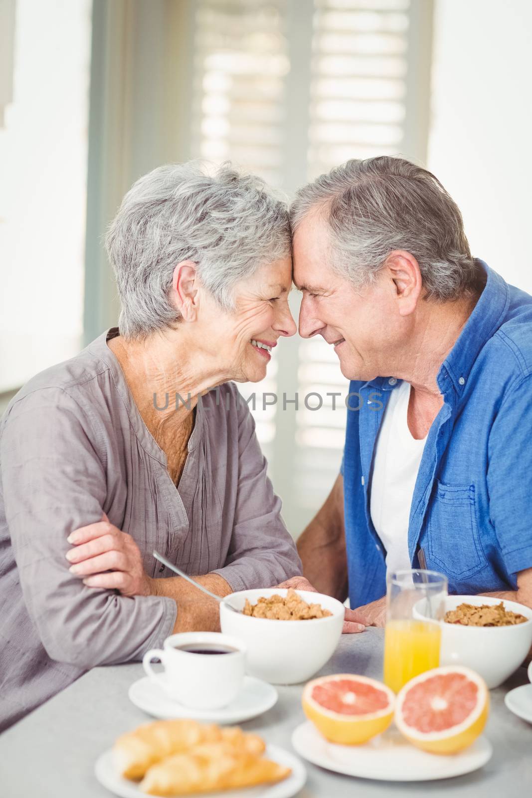 Side view of romantic senior couple sitting at table