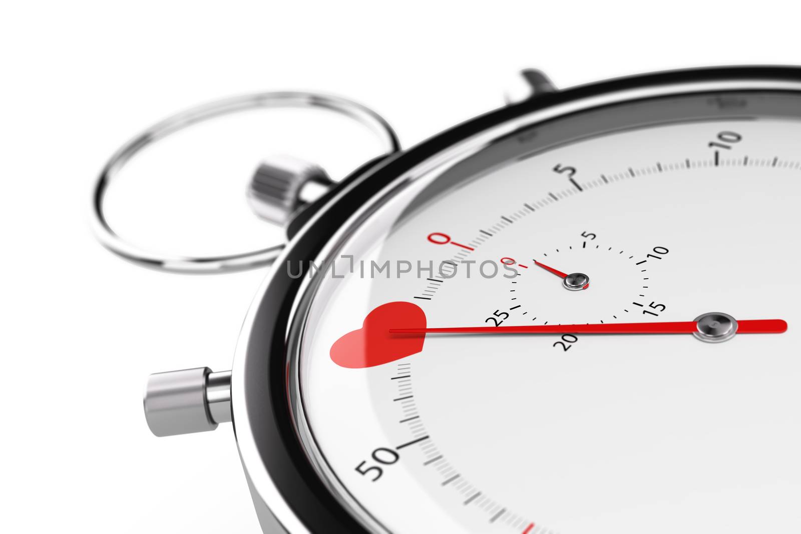 One heart on a chronometer over white background. 3D illustration of speed dating concept or love at first sight.