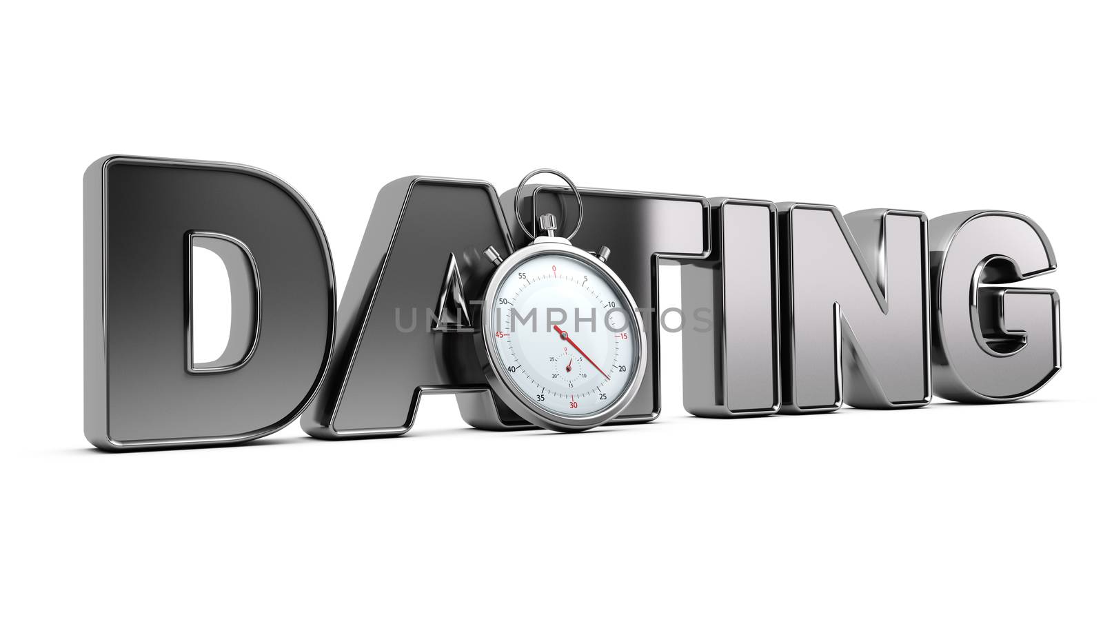 Word dating with stopwatch over white background, 3D illustration of a speed meeting concept.