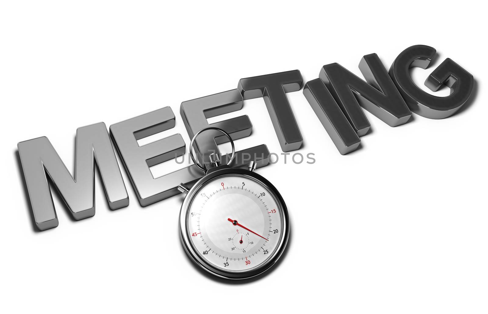 Word meeting with a stopwatch over white background, 3D illustration of speed interviewing.