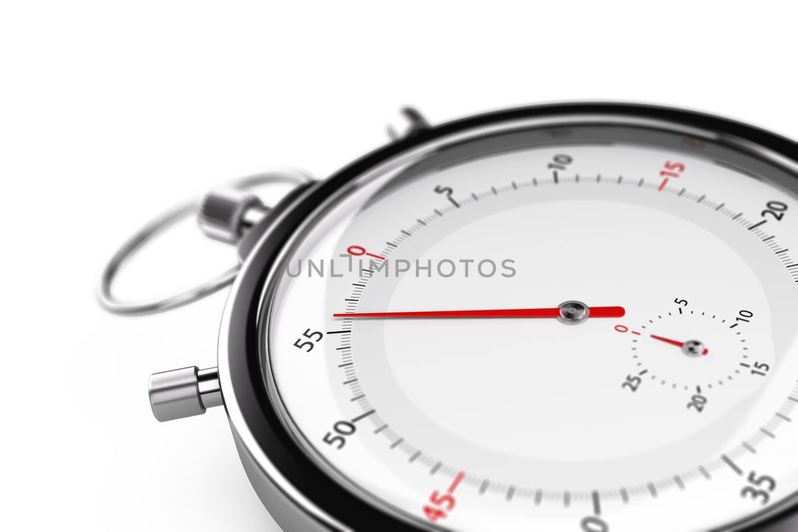 Stopwatch with the needle pointing 55 seconds. Object over white background with blur effet suitable for a time management concept illustration.