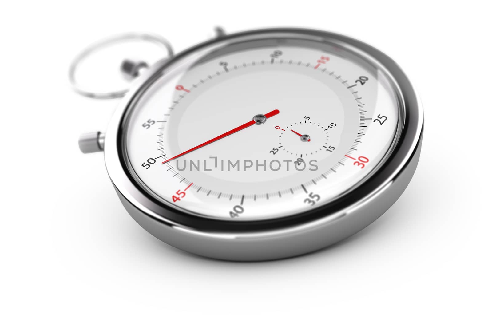Chronograph with red needles over white background, blur effect. Concept of measurement or punctuality 